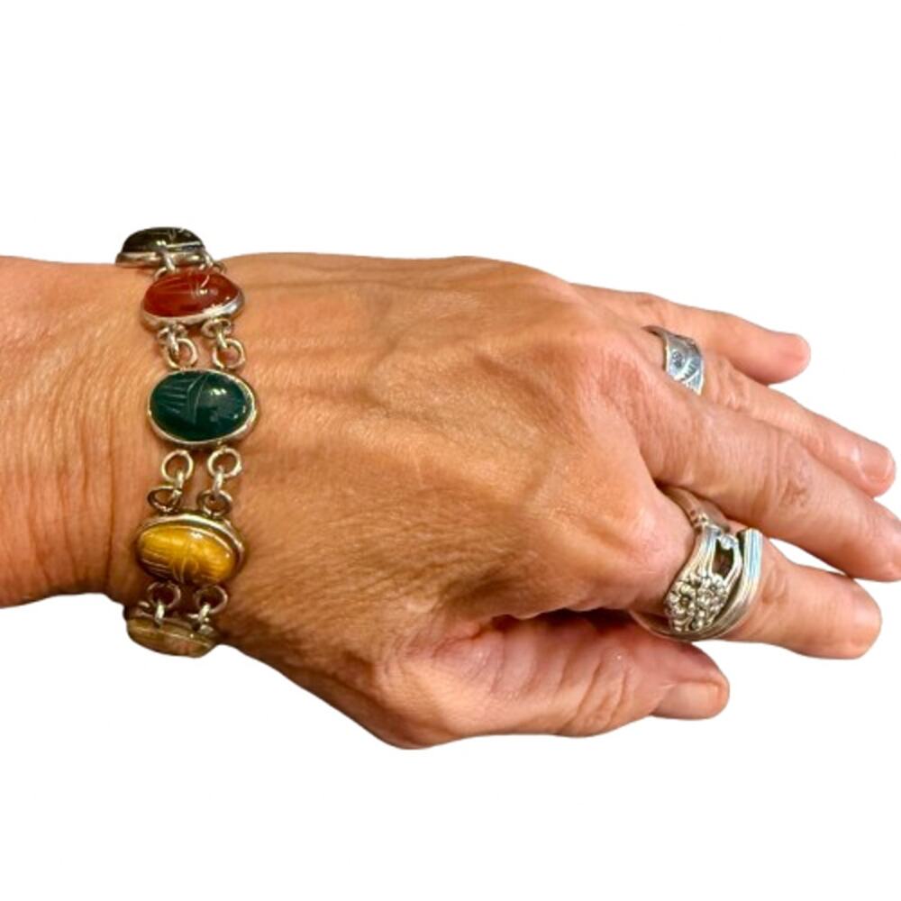 Vintage Gemstone Sterling Silver Egyptian Scarab Bracelet - Picture 7 of 9